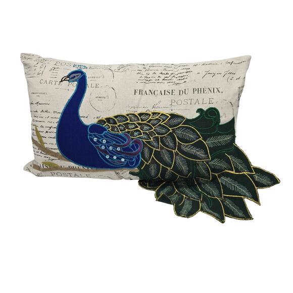 Vintage Appliqué Peacock Embroidered Throw Pillow French Script Blue Green White - Picture 1 of 8